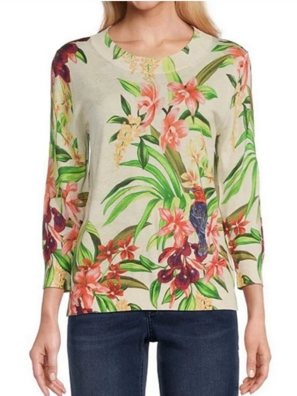 Tommy Bahama Tropical Floral Print 3/4 Sleeve Lightweight Sweater Size Small